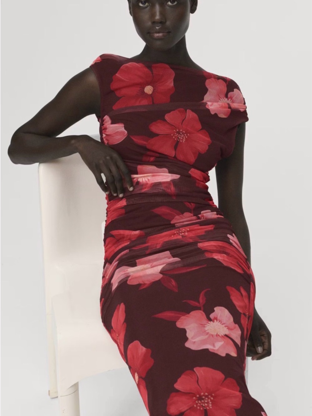 Mango Mesh Sheath Midi Dress with Red & Pink Floral